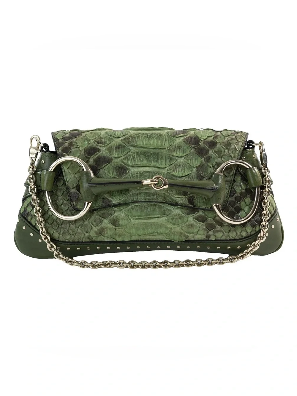 Tom Ford for Gucci 2004 Green Python Horsebit Chain Clutch Shoulder Bag Rare